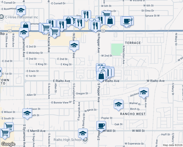 map of restaurants, bars, coffee shops, grocery stores, and more near 2930 East Rialto Avenue in Rialto