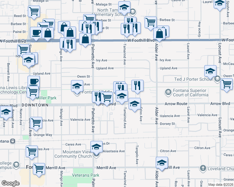map of restaurants, bars, coffee shops, grocery stores, and more near 17400 Arrow Boulevard in Fontana