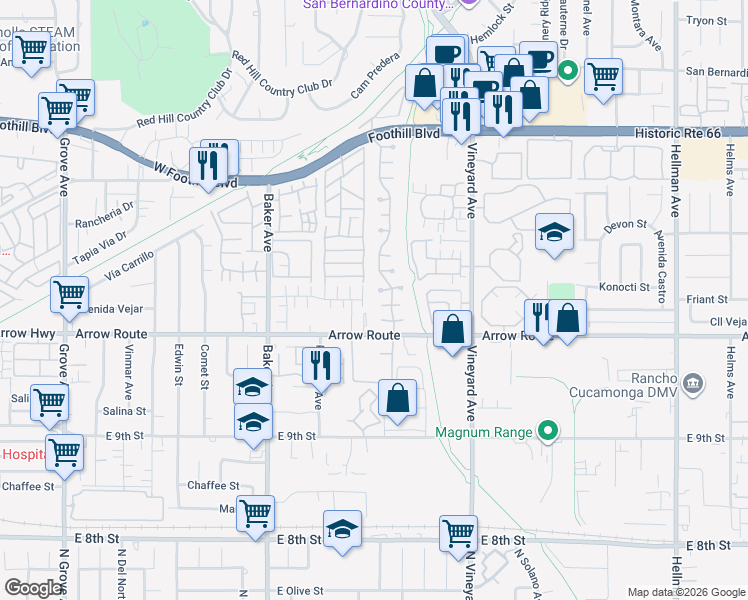 map of restaurants, bars, coffee shops, grocery stores, and more near 8730 Cedar Point Court in Rancho Cucamonga