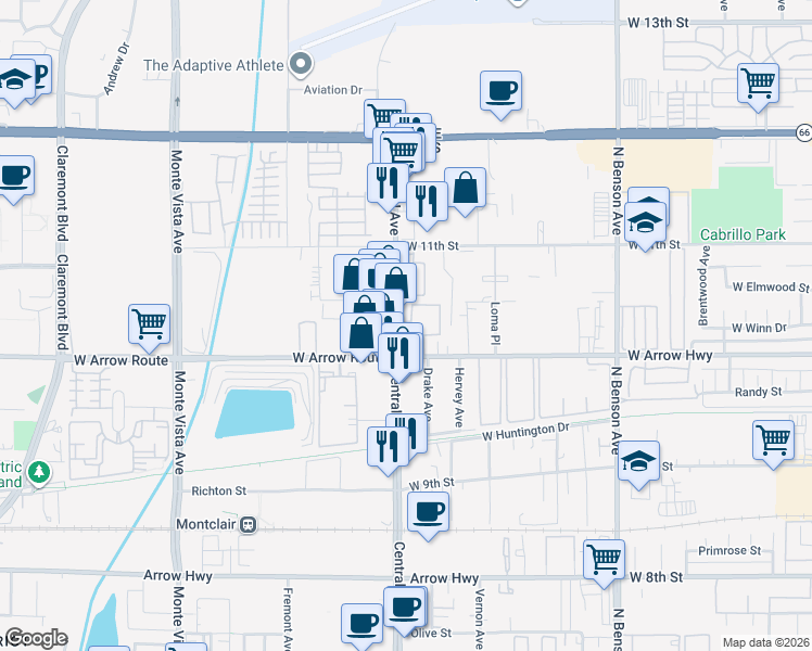 map of restaurants, bars, coffee shops, grocery stores, and more near 571 North Central Avenue in Upland
