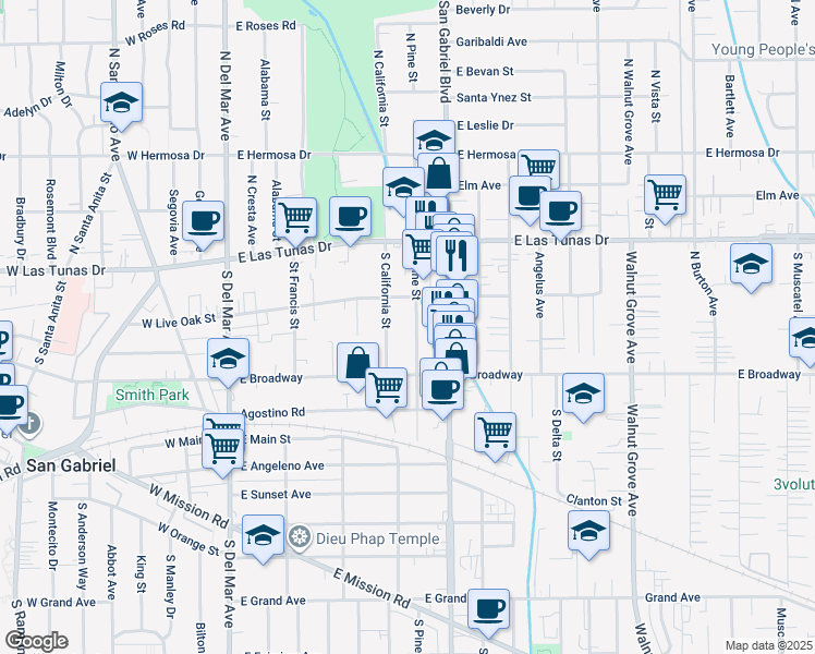map of restaurants, bars, coffee shops, grocery stores, and more near 215 South San Gabriel Boulevard in San Gabriel