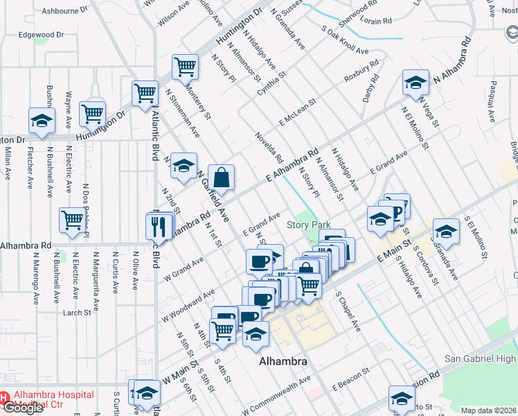 map of restaurants, bars, coffee shops, grocery stores, and more near 424 North Monterey Street in Alhambra
