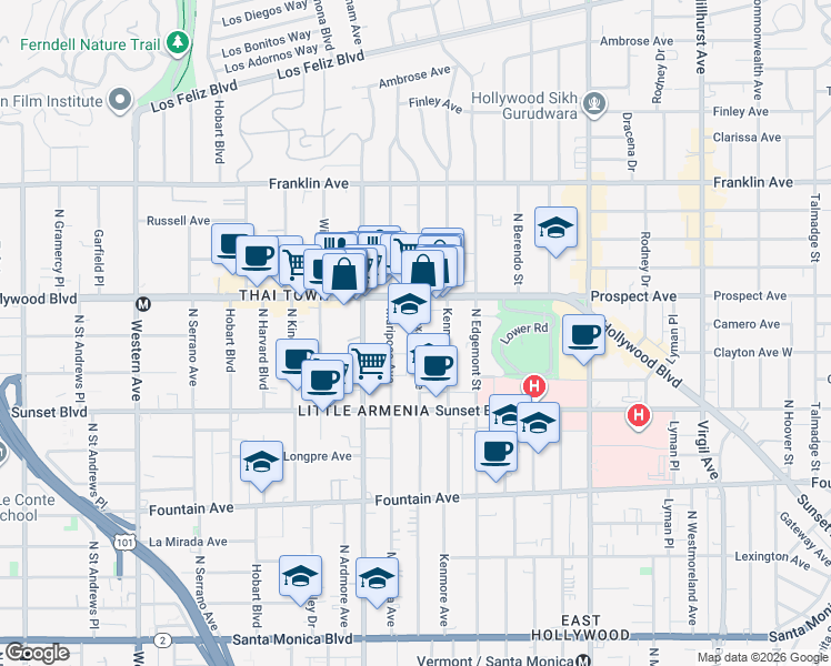 map of restaurants, bars, coffee shops, grocery stores, and more near 1641 North Alexandria Avenue in Los Angeles