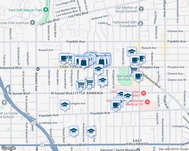 map of restaurants, bars, coffee shops, grocery stores, and more near 1641 North Alexandria Avenue in Los Angeles