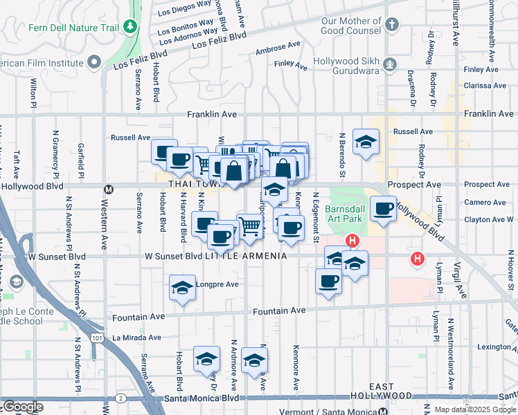 map of restaurants, bars, coffee shops, grocery stores, and more near 1641 North Alexandria Avenue in Los Angeles
