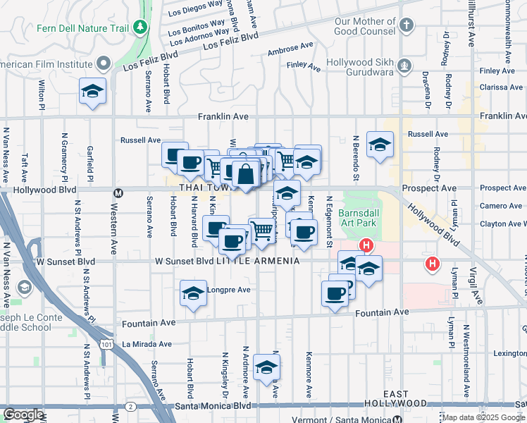 map of restaurants, bars, coffee shops, grocery stores, and more near 1641 North Normandie Avenue in Los Angeles