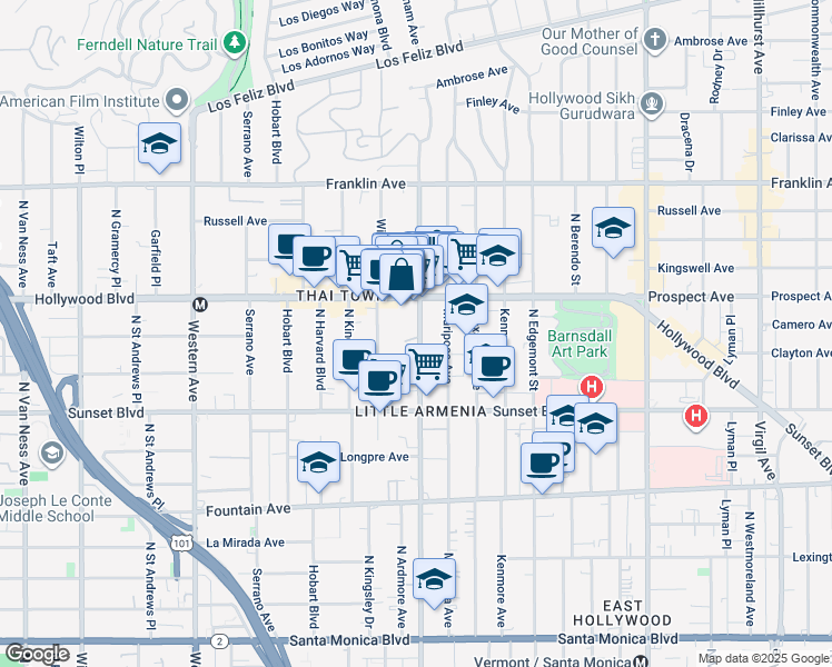 map of restaurants, bars, coffee shops, grocery stores, and more near 1641 North Normandie Avenue in Los Angeles