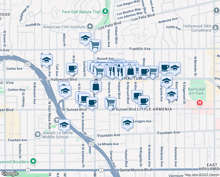 map of restaurants, bars, coffee shops, grocery stores, and more near 1635 North Hobart Boulevard in Los Angeles