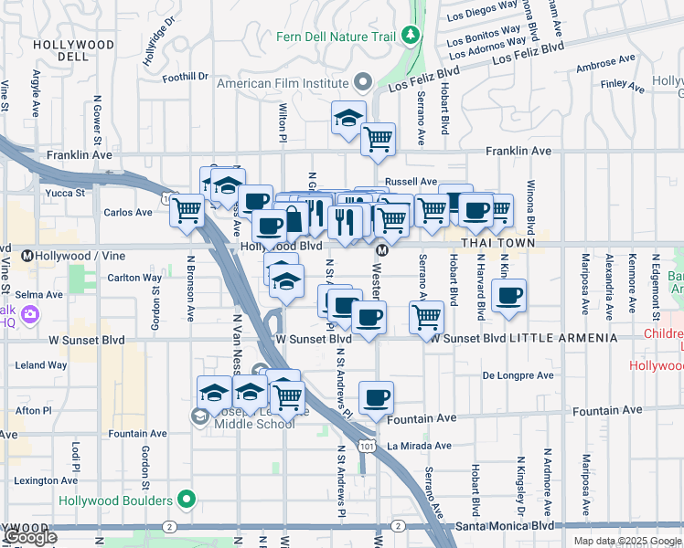 map of restaurants, bars, coffee shops, grocery stores, and more near 5545 Carlton Way in Los Angeles