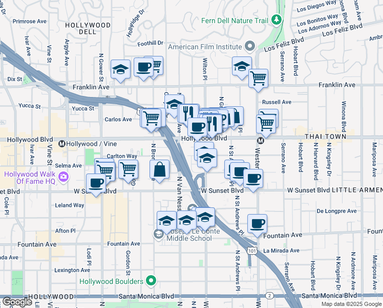 map of restaurants, bars, coffee shops, grocery stores, and more near 5741 Carlton Way in Los Angeles