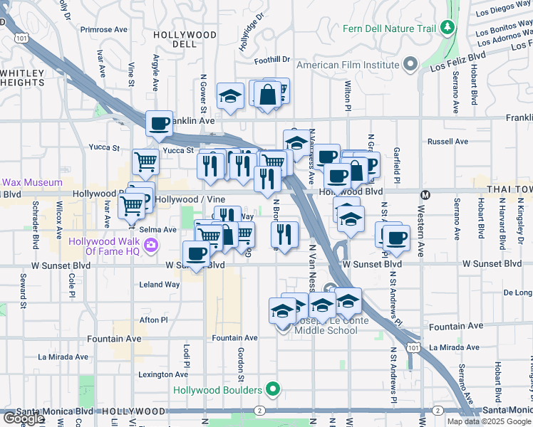 map of restaurants, bars, coffee shops, grocery stores, and more near in Los Angeles