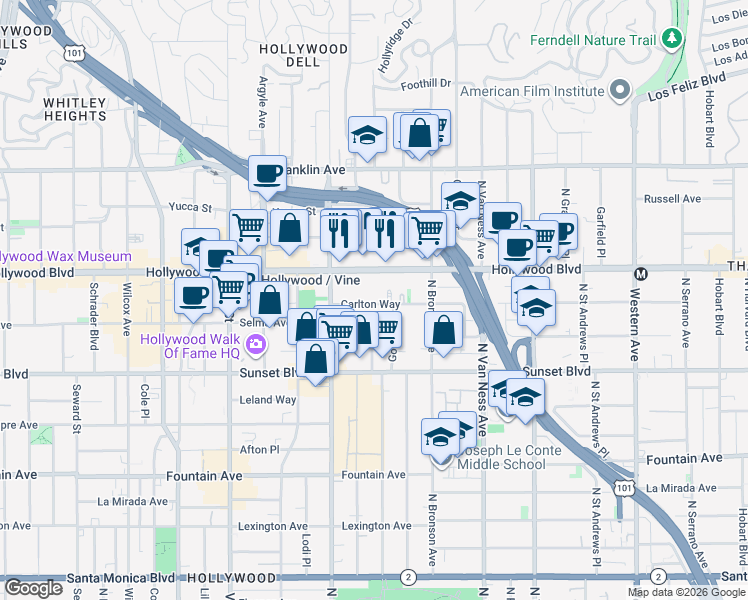 map of restaurants, bars, coffee shops, grocery stores, and more near 5962 Hollywood Boulevard in Los Angeles