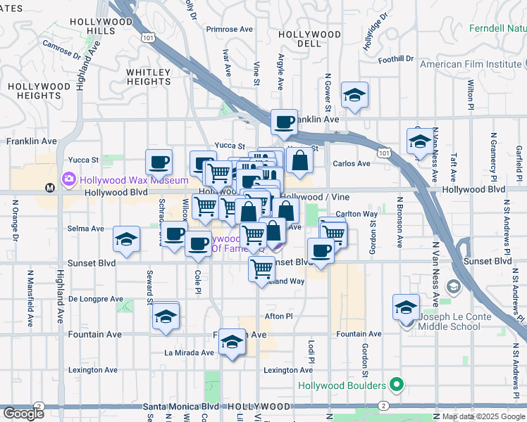 map of restaurants, bars, coffee shops, grocery stores, and more near in Los Angeles