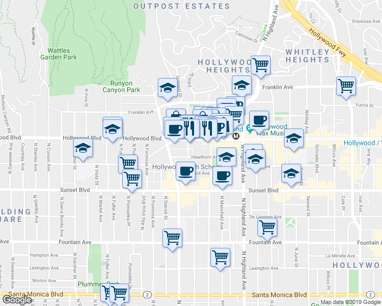 map of restaurants, bars, coffee shops, grocery stores, and more near 7000 Hollywood Boulevard in Los Angeles