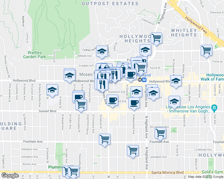 map of restaurants, bars, coffee shops, grocery stores, and more near 7060 Hollywood Boulevard in Los Angeles