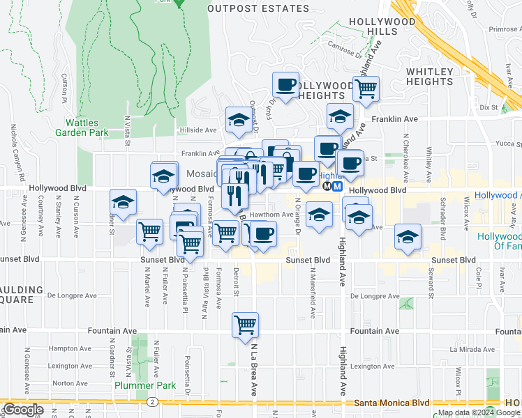 map of restaurants, bars, coffee shops, grocery stores, and more near 7060 Hollywood Boulevard in Los Angeles