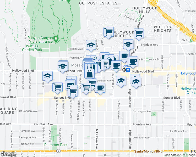 map of restaurants, bars, coffee shops, grocery stores, and more near 7060 Hollywood Boulevard in Los Angeles