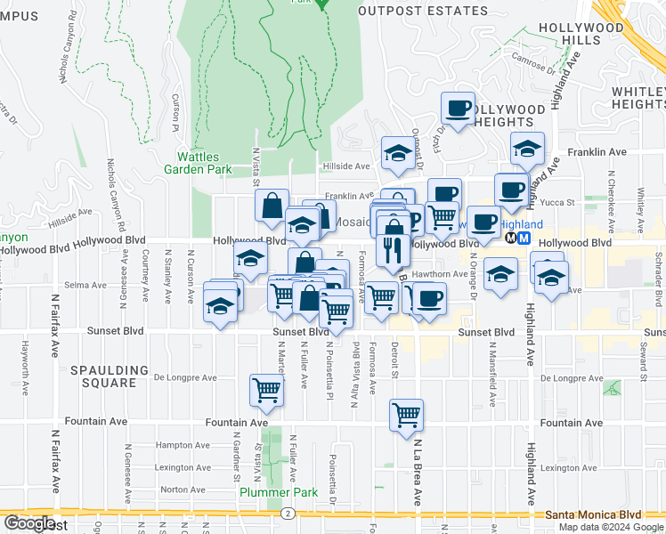 map of restaurants, bars, coffee shops, grocery stores, and more near 1636 North Fuller Avenue in Los Angeles