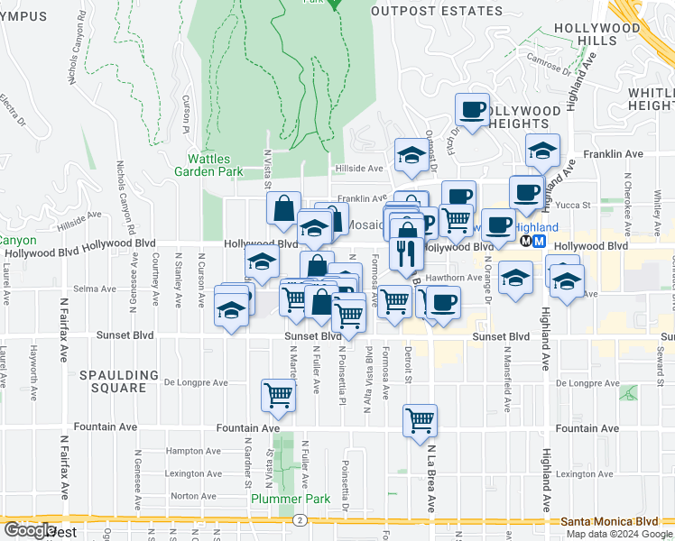 map of restaurants, bars, coffee shops, grocery stores, and more near 1636 North Fuller Avenue in Los Angeles