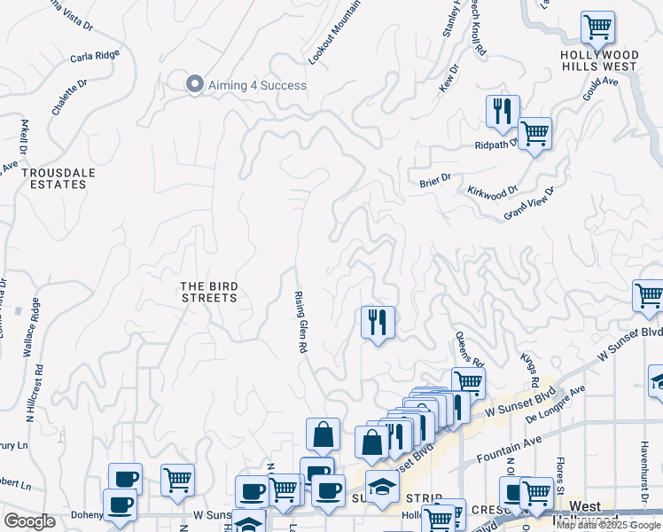 map of restaurants, bars, coffee shops, grocery stores, and more near 1851 Sunset Plaza Drive in Los Angeles
