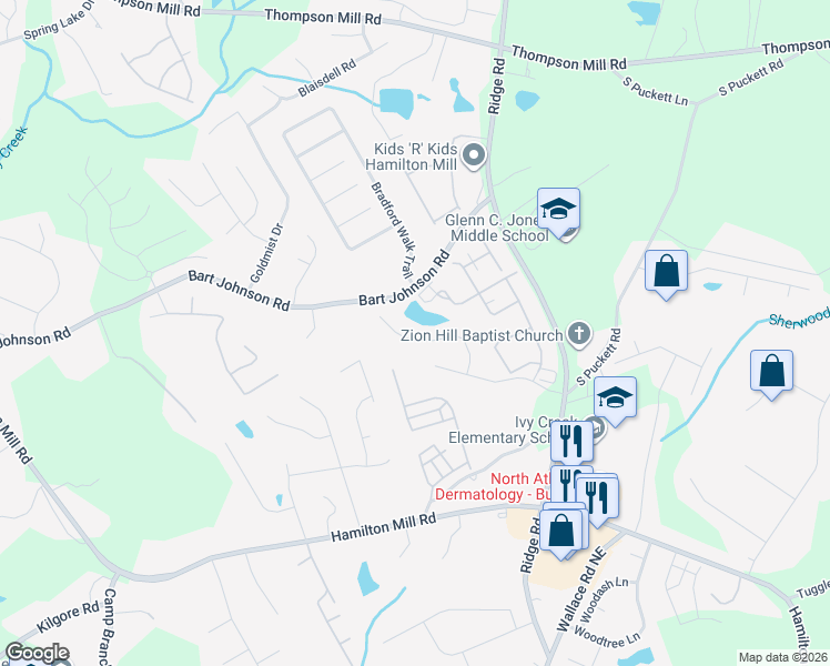 map of restaurants, bars, coffee shops, grocery stores, and more near 3457 Edenridge Court in Buford