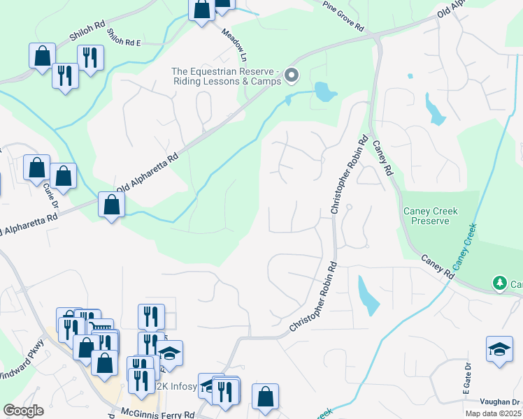 map of restaurants, bars, coffee shops, grocery stores, and more near 2400 Rose Walk Drive in Alpharetta
