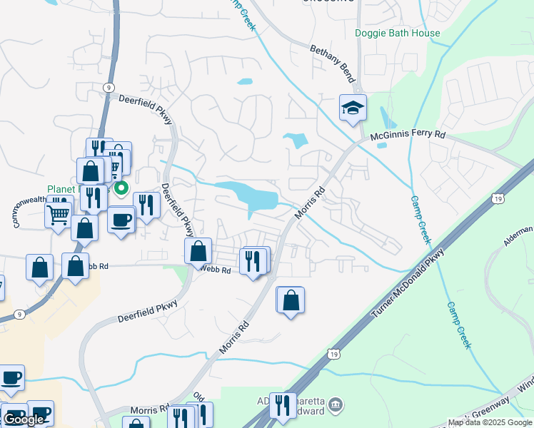 map of restaurants, bars, coffee shops, grocery stores, and more near 13108 Fasherstone Drive in Alpharetta