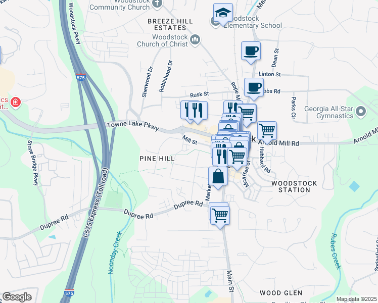 map of restaurants, bars, coffee shops, grocery stores, and more near 318 Lantana Lane in Woodstock