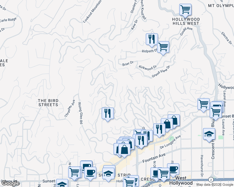 map of restaurants, bars, coffee shops, grocery stores, and more near 1610 Viewmont Drive in Los Angeles