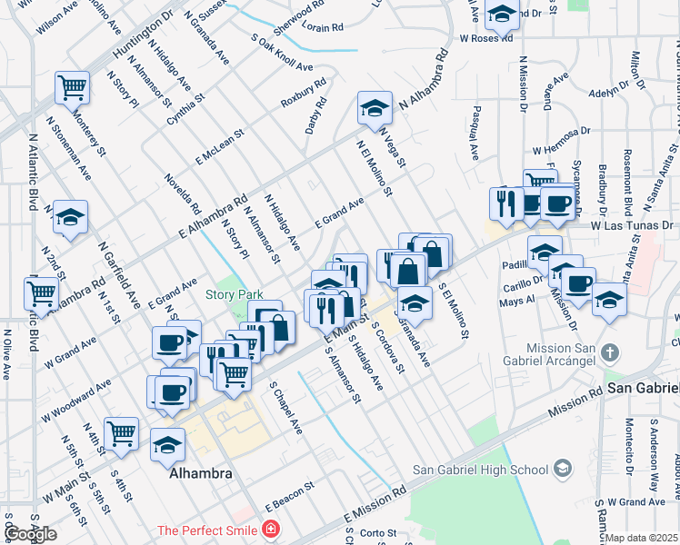 map of restaurants, bars, coffee shops, grocery stores, and more near 200 North Cordova Street in Alhambra