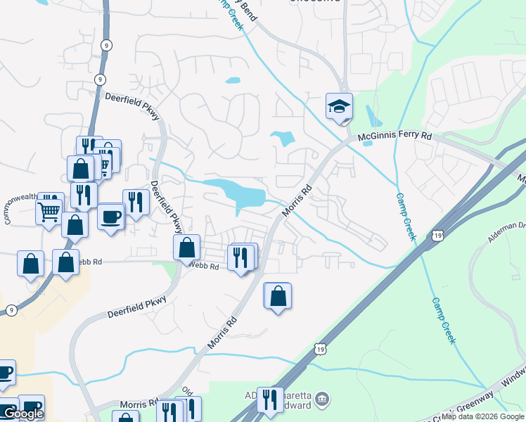 map of restaurants, bars, coffee shops, grocery stores, and more near 13108 Fasherstone Drive in Alpharetta
