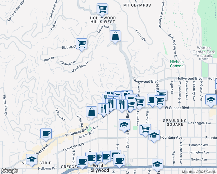 map of restaurants, bars, coffee shops, grocery stores, and more near 1650 Marlay Drive in Los Angeles