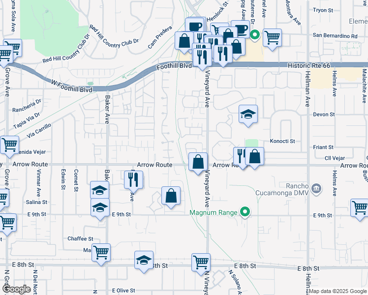 map of restaurants, bars, coffee shops, grocery stores, and more near 8424 Bayberry Road in Rancho Cucamonga