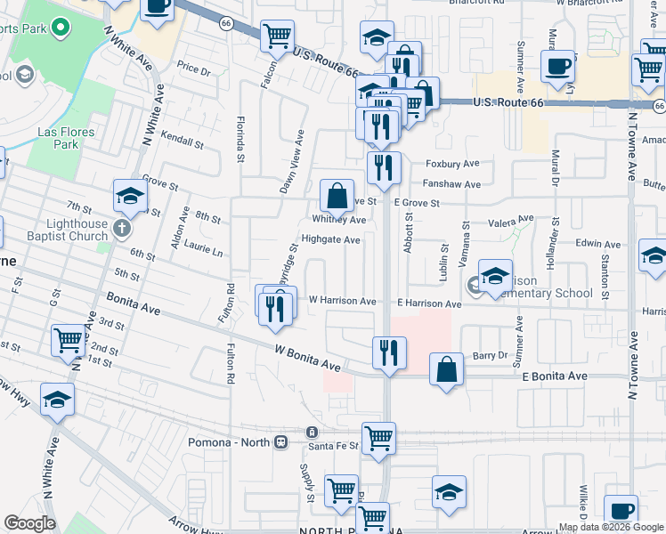 map of restaurants, bars, coffee shops, grocery stores, and more near 201 Hickory Avenue in Pomona