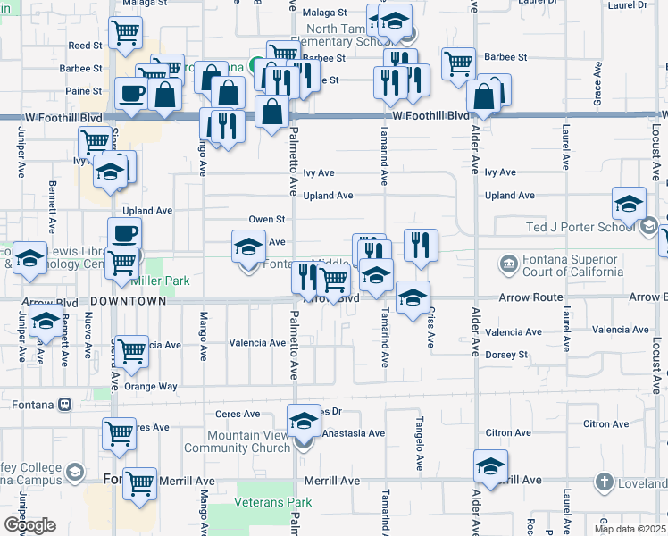 map of restaurants, bars, coffee shops, grocery stores, and more near 17400 Arrow Boulevard in Fontana
