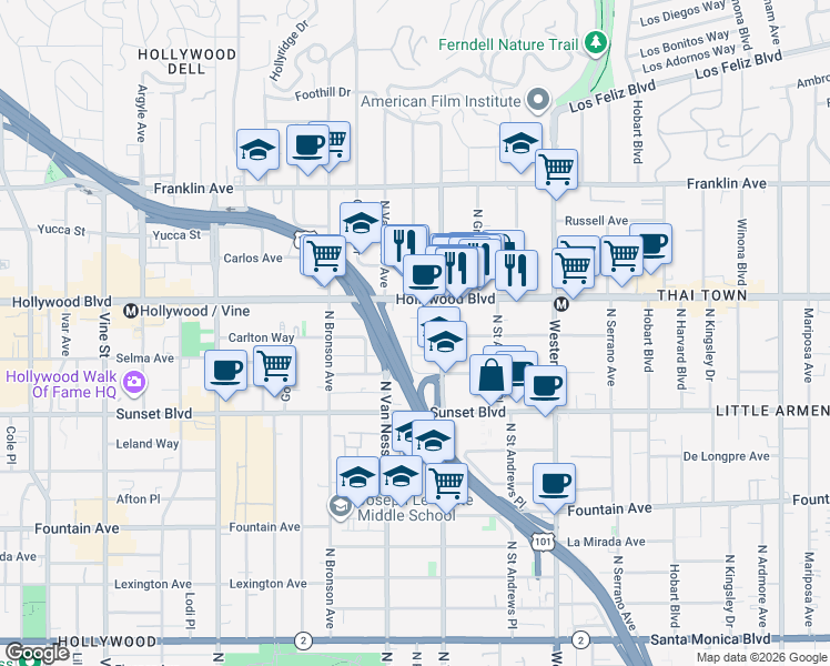 map of restaurants, bars, coffee shops, grocery stores, and more near 5729 Carlton Way in Los Angeles