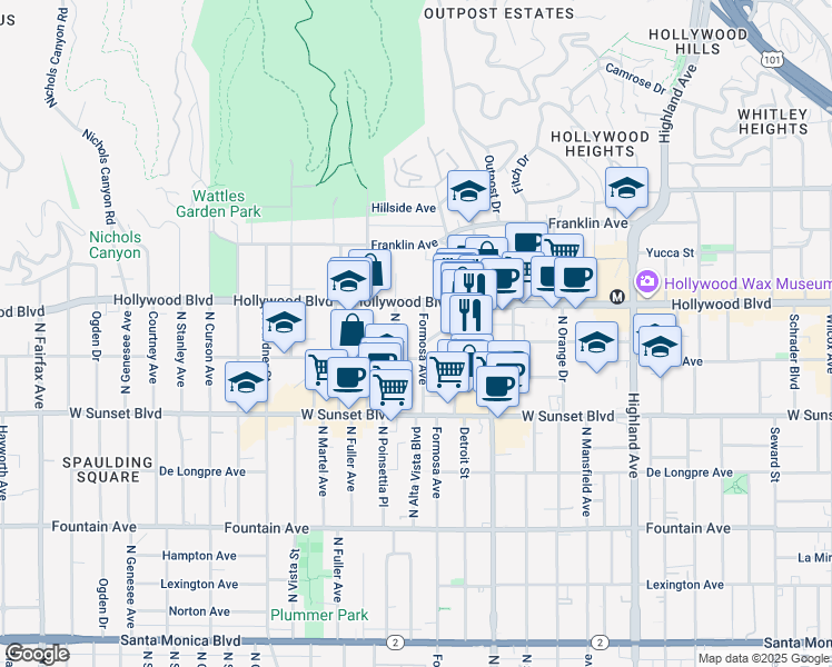 map of restaurants, bars, coffee shops, grocery stores, and more near 1629 North Formosa Avenue in Los Angeles