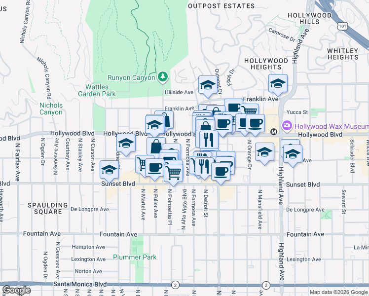 map of restaurants, bars, coffee shops, grocery stores, and more near 1643 North Formosa Avenue in Los Angeles