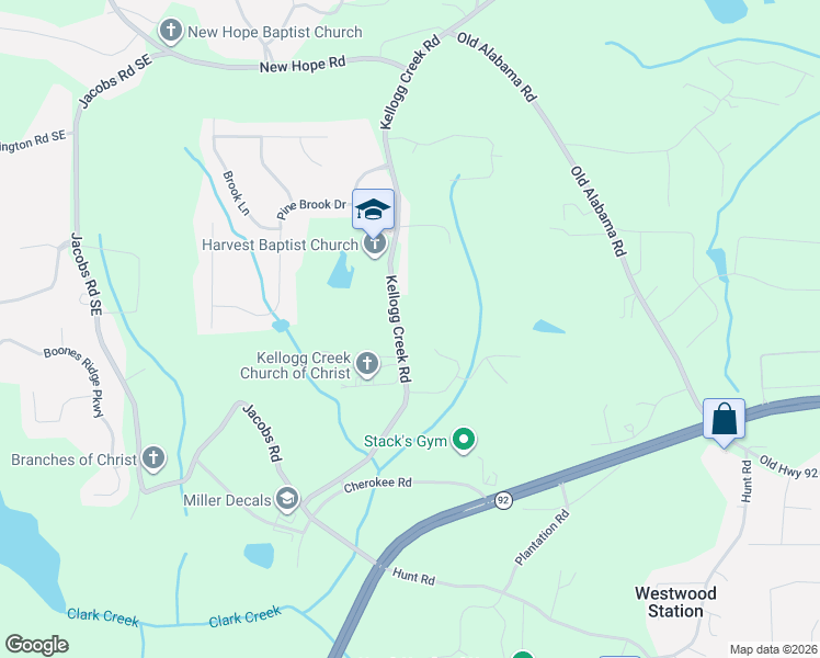 map of restaurants, bars, coffee shops, grocery stores, and more near 3487 Kellogg Creek Road in Acworth