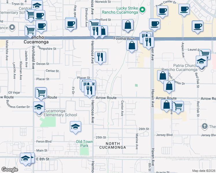 map of restaurants, bars, coffee shops, grocery stores, and more near 10244 Arrow Route in Rancho Cucamonga