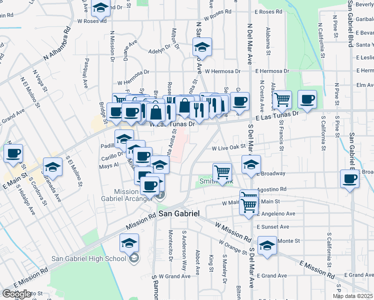 map of restaurants, bars, coffee shops, grocery stores, and more near 234 de Anza Street in San Gabriel