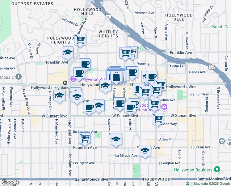 map of restaurants, bars, coffee shops, grocery stores, and more near 1630 Schrader Boulevard in Los Angeles