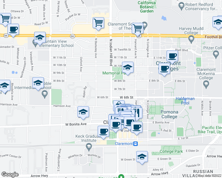 map of restaurants, bars, coffee shops, grocery stores, and more near N Indian Hill Blvd & W 7th St in Claremont