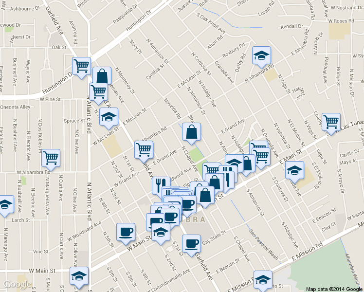map of restaurants, bars, coffee shops, grocery stores, and more near 400 North Chapel Avenue in Alhambra