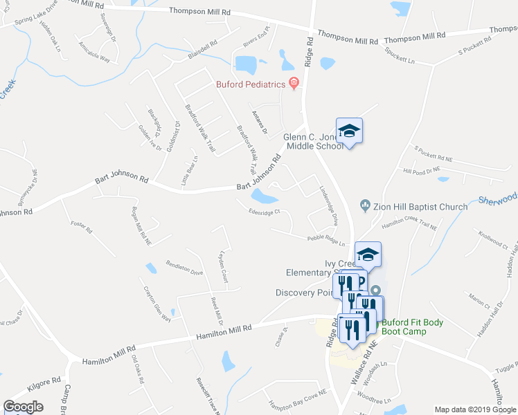 map of restaurants, bars, coffee shops, grocery stores, and more near 3457 Edenridge Court in Buford