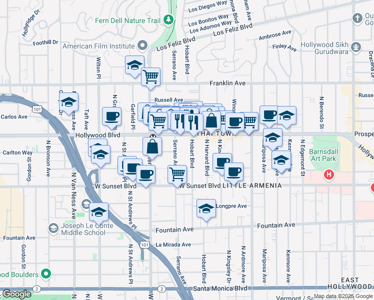 map of restaurants, bars, coffee shops, grocery stores, and more near 1635 North Hobart Boulevard in Los Angeles