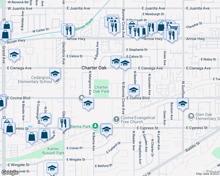 map of restaurants, bars, coffee shops, grocery stores, and more near 4841 North Darfield Avenue in Covina