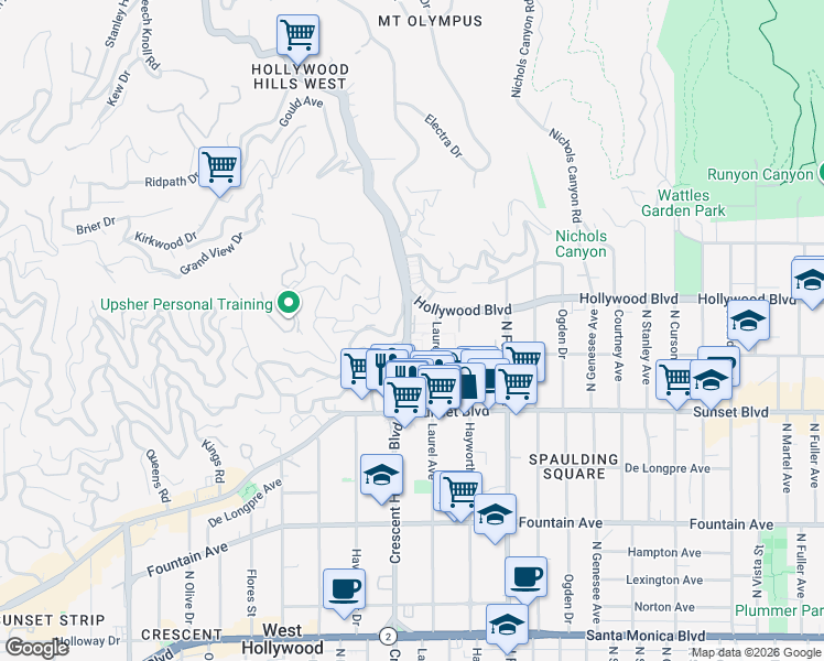 map of restaurants, bars, coffee shops, grocery stores, and more near 1633 North Laurel Avenue in Los Angeles