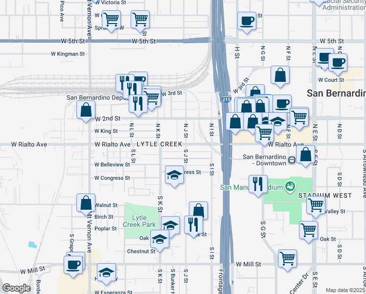 map of restaurants, bars, coffee shops, grocery stores, and more near 1024 West Rialto Avenue in San Bernardino