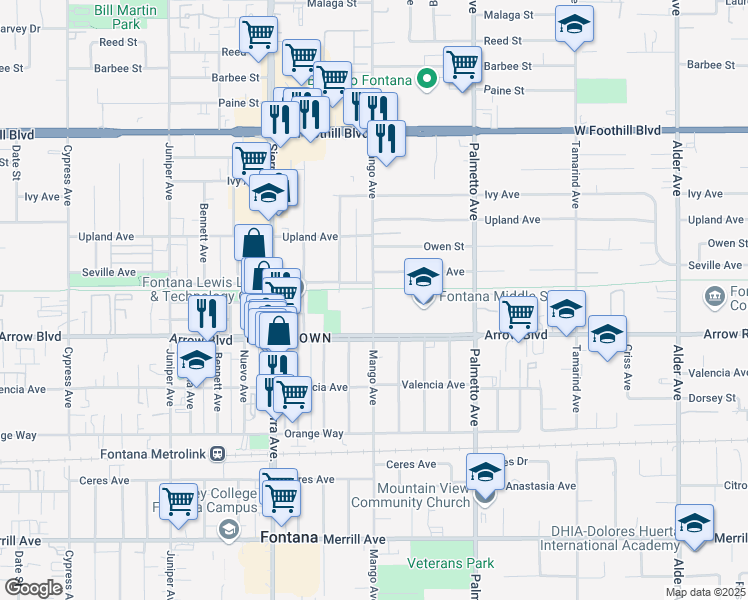 map of restaurants, bars, coffee shops, grocery stores, and more near 8425 Mango Avenue in Fontana